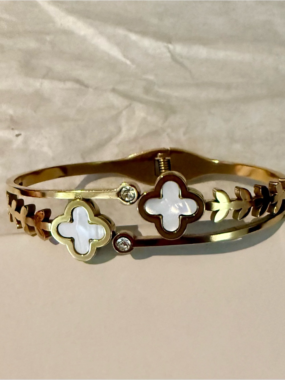 Gold-Tone Clover Accent Bangle Bracelet with White Inlay